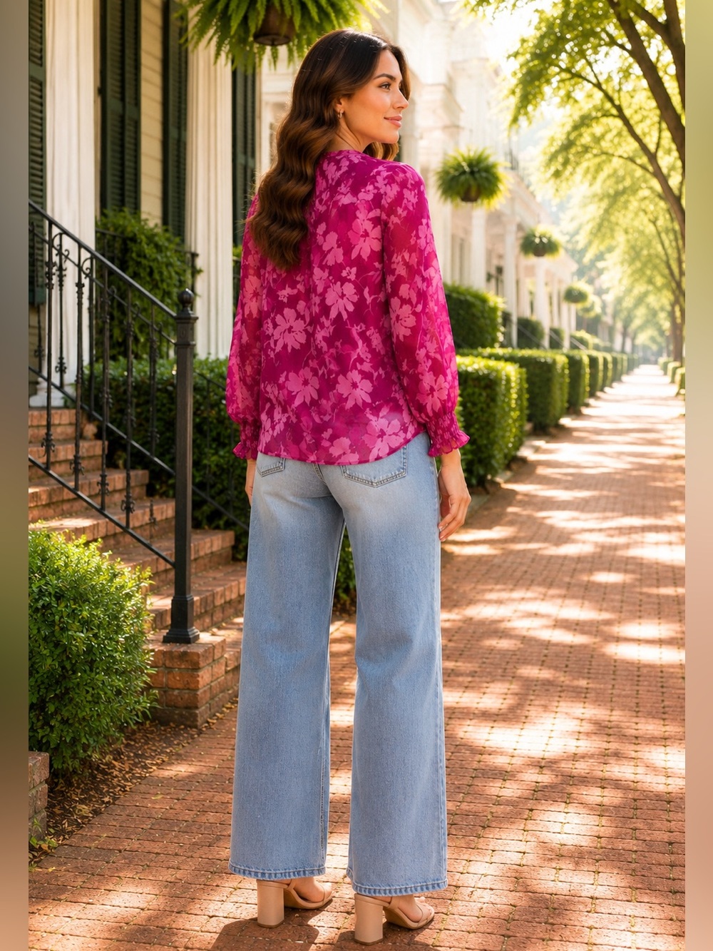 Umgee The Magnolia Bloom Blouse Pink Floral Smocked Tie Neck Top Size S - Picture 2 of 4